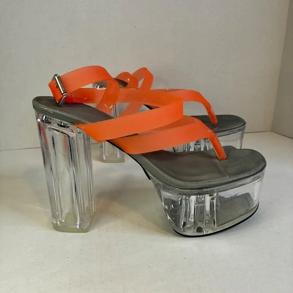 Dolls Kill Darker Wavs Coral Orange Clear Platform Sandals DW20-656 Womens 8M - Picture 1 of 16